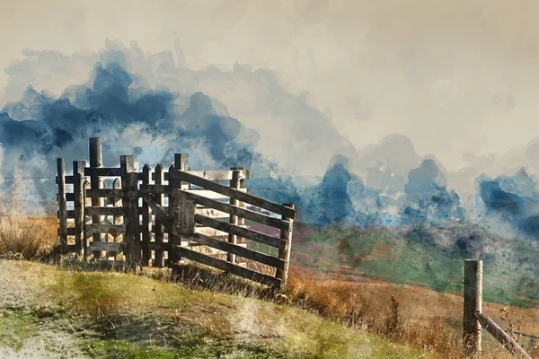 Digital Watercolour Painting Landscape Image Looking Stile Peak District Countryside — Stock Photo, Image