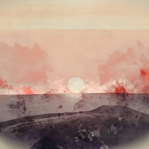 Digital Akvarellmålning Fantastisk Sensommarsolnedgång Landskap Bild Solnedgången Kysser Horisonten Peak — Stockfoto