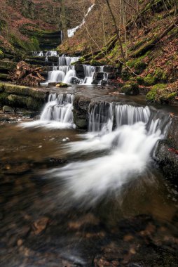 Beautiful peaceful landscape image of Scaleber Force waterfall in Yorkshire Dales in England during Winter morning