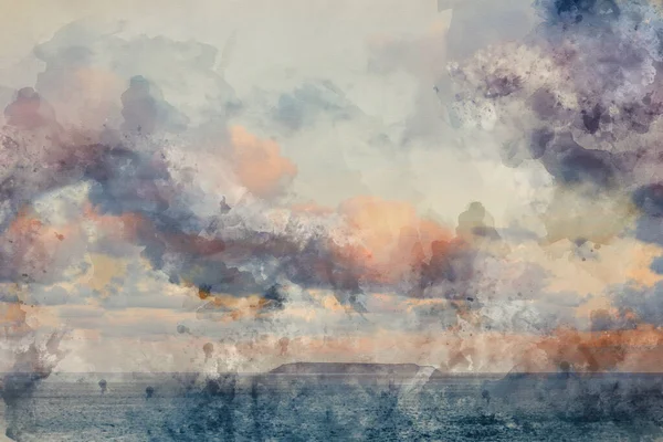 Digital Watercolour Painting Stunning Sunrise Clouds Formations Colour Lundy Island — Foto de Stock