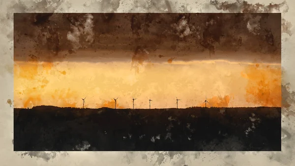 Digital Watercolour Painting Moody Landscape Sunrise Image Wind Turbines Deep — Stock fotografie