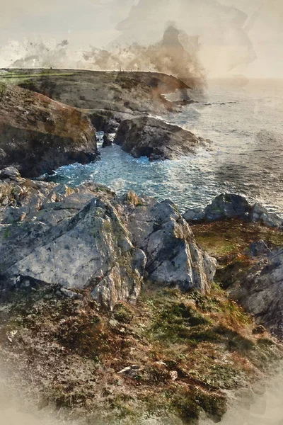 Digital Watercolour Painting Beautiful Sunset Landscape Image Cornwall Cliff Coastline — Foto Stock