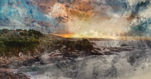 Digital Watercolour Painting Moody Landscape Sunrise Image Prussia Cove Cornwall — Zdjęcie stockowe
