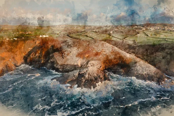 Digital Watercolour Painting Beautiful Aerial Drone Landscape Image Pendeen Lighthouse — 스톡 사진