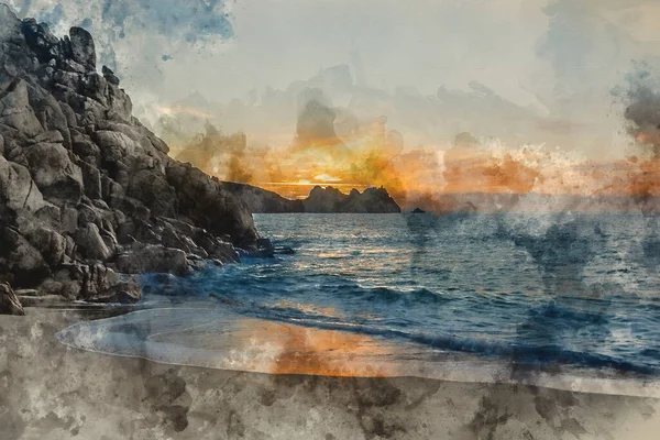 Cyfrowe Malarstwo Akwarelowe Piękny Krajobraz Wschodu Słońca Plaży Porthcurno Kornwalii — Zdjęcie stockowe