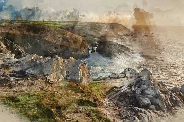 Digital Watercolour Painting Beautiful Sunset Landscape Image Cornwall Cliff Coastline — Stock Photo, Image