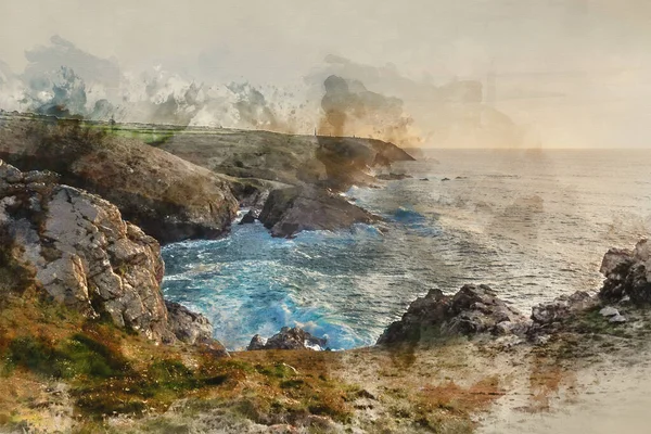 Digital Watercolour Painting Beautiful Sunset Landscape Image Cornwall Cliff Coastline — Foto Stock