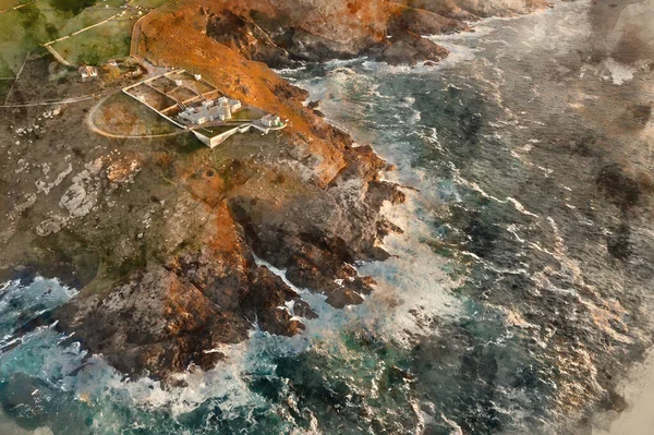 Digital Watercolour Painting Beautiful Aerial Drone Landscape Image Pendeen Lighthouse — Stock Photo, Image
