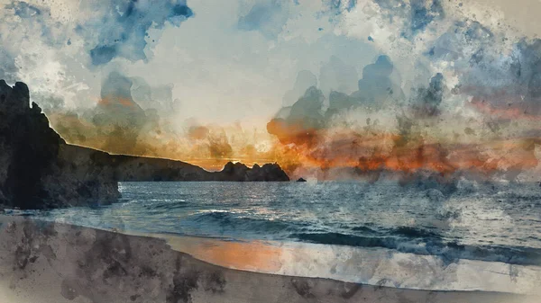 Digital Watercolour Painting Beautiful Sunrise Landscape Porthcurno Beach Cornwall England — Stock Photo, Image