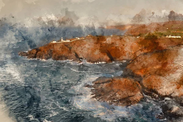 Digital Watercolour Painting Beautiful Aerial Drone Landscape Image Pendeen Lighthouse — Stockfoto