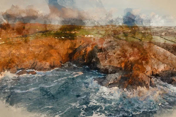 Digital Watercolour Painting Beautiful Aerial Drone Landscape Image Pendeen Lighthouse — Stok fotoğraf