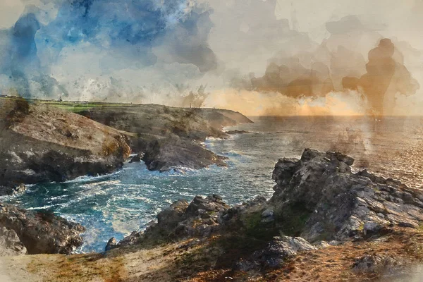 Digital Watercolour Painting Beautiful Sunset Landscape Image Cornwall Cliff Coastline — Stockfoto