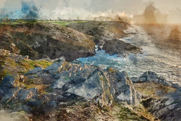 錫鉱山を背景にコーンウォールの崖の海岸線の美しい夕日の風景画像のデジタル水彩画ペナディーン灯台のヘッドランドから見た — ストック写真