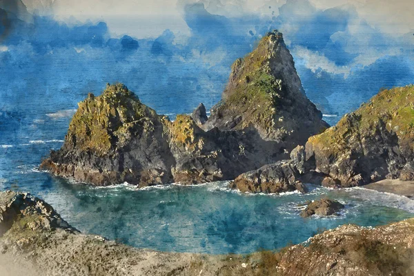Digital Watercolour Painting Stunning Sunrise Kynance Cove Landscape Corwnall England — Stock Photo, Image