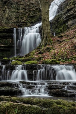 Beautiful peaceful landscape image of Scaleber Force waterfall in Yorkshire Dales in England during Winter morning