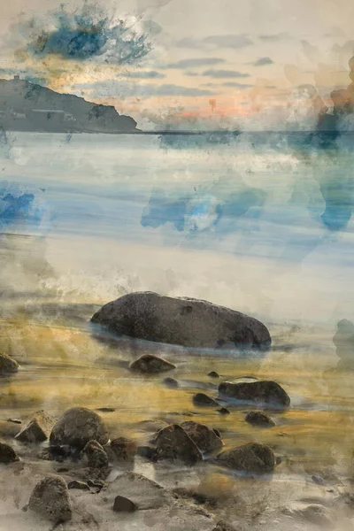 Cyfrowe Malarstwo Akwarelowe Piękny Krajobraz Sennen Cove Kornwalii Podczas Zachodu — Zdjęcie stockowe