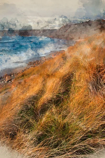 Pintura Digital Acuarela Del Hermoso Paisaje Sennen Cove Cornwall Durante —  Fotos de Stock