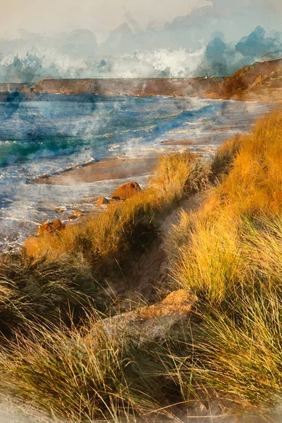 康沃尔森纳湾落日美景的数字水彩画 从多情的天空和长期暴露的海风看草甸 — 图库照片