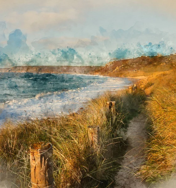 Digital watercolour painting of Beautiful landscape of Sennen Cove in Cornwall during sunset viewed from grassy sand dunes with moody sky and long exposure sea motion
