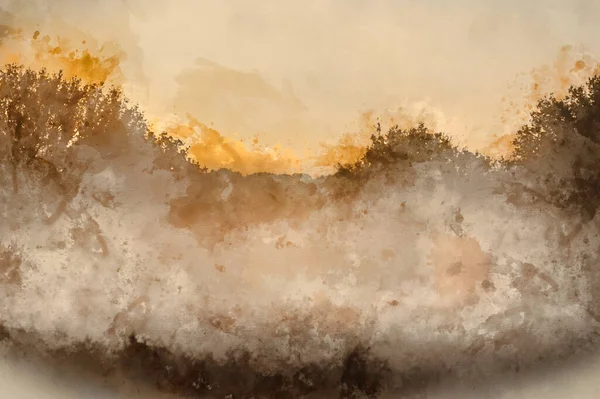 云雾弥漫的林地中美丽秋日日出景观的数字水彩画 — 图库照片