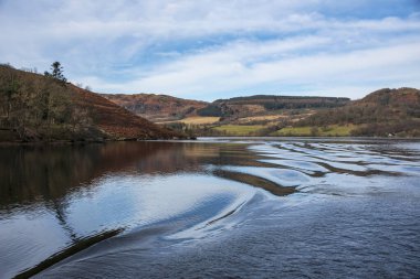 Beautiful Winter landscape image viewed from boat on Ullswater in Lake District with unusual water ripple wake movements