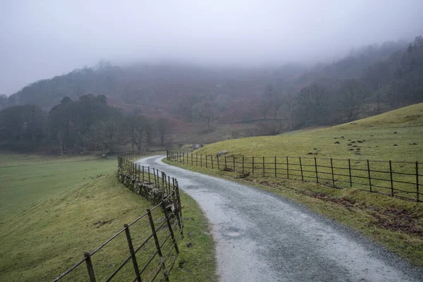 背景に穏やかな水と霧の多い田舎で霧の朝にLoughtrig Tarnの周りの道路の美しい冬の風景のイメージ — ストック写真