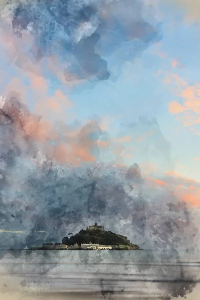 Цифровая Акварельная Живопись Пейзажного Изображения Горы Святого Михаила Английском Корнуолле — стоковое фото