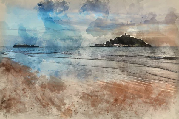Digitální Akvarel Malba Krásné Krajiny Obraz Michaela Mount Cornwall Anglie — Stock fotografie