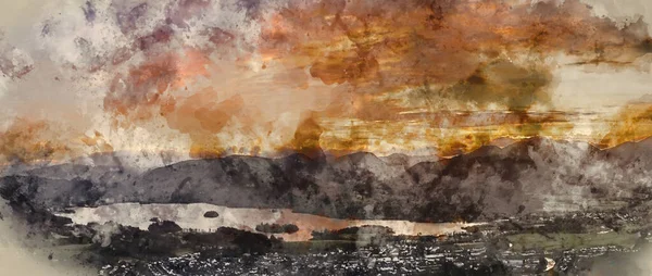 Digitální Akvarel Obraz Absolutně Ohromující Krajina Obraz Pohledu Přes Derwentwater — Stock fotografie