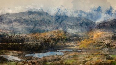 Güzel kış gündoğumu altın saat manzarası Loughrigg 'den Göl Bölgesi kırsalına düştü.