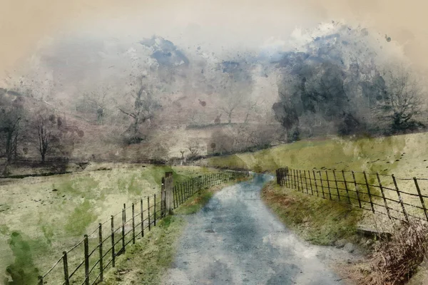 Beautiful Winter Landscape Image Road Loughtrigg Tarn Misty Morning Calm — Stock Photo, Image