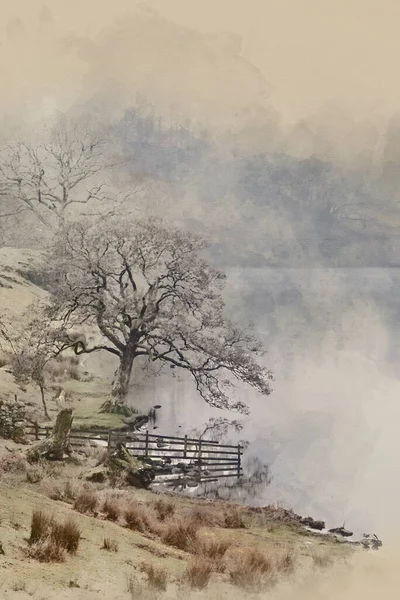 Beautiful Winter Landscape Image Loughtrigg Tarn Misty Morning Calm Water — Photo