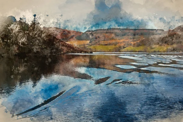 Digital Watercolour Painting Beautiful Winter Landscape Image Viewed Boat Ullswater — Stock Photo, Image