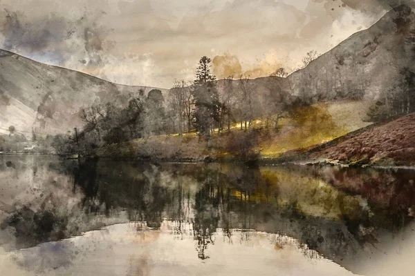 Digitale Aquarel Schilderij Van Prachtige Winter Landschap Uitzicht Bergketens Rond — Stockfoto
