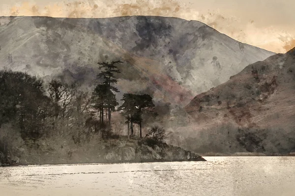 Digitální Akvarel Malba Krásné Zimní Krajiny Pohledy Pohoří Kolem Ullswater — Stock fotografie