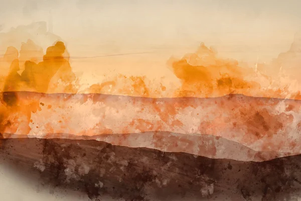 红色屏风透过朦胧的高山 伊利贝尔 石湾及塔恩山岗 拍摄多彩的冬季美景水彩画 — 图库照片