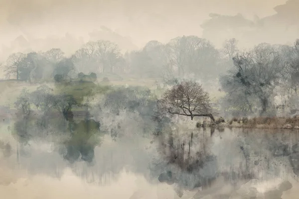 背景に穏やかな水と霧の田舎と霧の朝にLoughtrigターンの美しい冬の風景画像のデジタル水彩画 — ストック写真