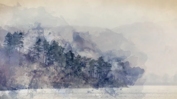 Digitální Akvarel Malba Krásná Klidná Zimní Krajina Přes Thirlmere Lake — Stock fotografie