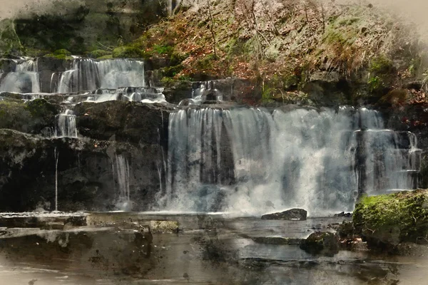 Цифровий Акварельний Пейзаж Водоспаду Йокршир Дейлс Англії Під Час Зими — стокове фото