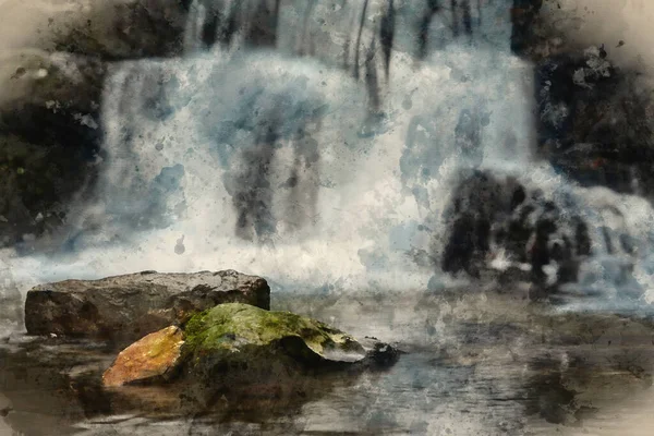 Aquarelle Numérique Paysage Peinture Cascade Dans Yokrshire Dales Angleterre Pendant — Photo