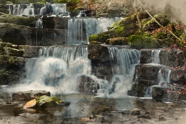 Digitale Aquarel Landschap Schilderen Van Waterval Yokrshire Dales Engeland Tijdens — Stockfoto