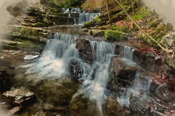 Pintura Paisagem Aquarela Digital Cachoeira Yokrshire Dales Inglaterra Durante Inverno — Fotografia de Stock
