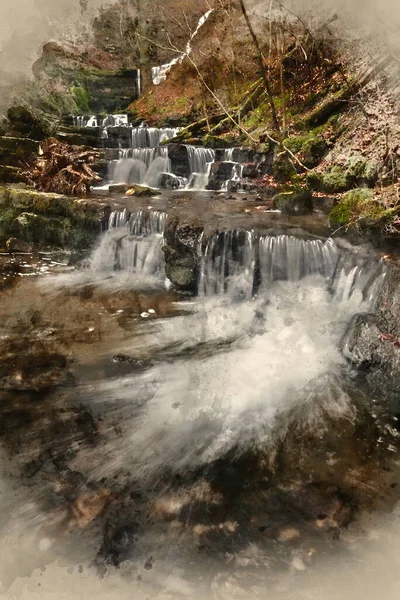 Digital Watercolour Landscape Painting Waterfall Yokrshire Dales England Winter — Stock Photo, Image