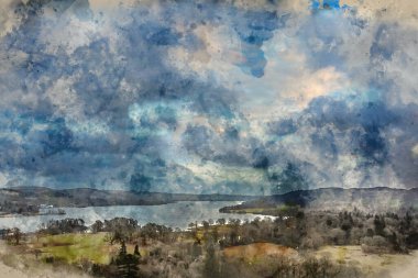 Todd Crag 'ın Lake District' teki güzel geniş manzaralı dijital suluboya tablosu. Yukarıda dramatik bir gökyüzü var.