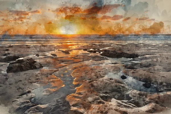 Digital Watercolor Painting Beautiful Summer Sunset Landscape Image Widemouth Bay — стокове фото