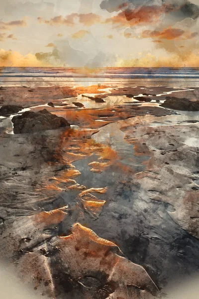 Digital Watercolour Painting Beautiful Summer Sunset Landscape Image Widemouth Bay — Stock Photo, Image