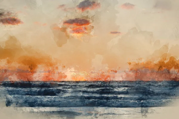 Cyfrowe Malarstwo Akwarelowe Piękny Letni Zachód Słońca Krajobraz Obrazu Widemouth — Zdjęcie stockowe