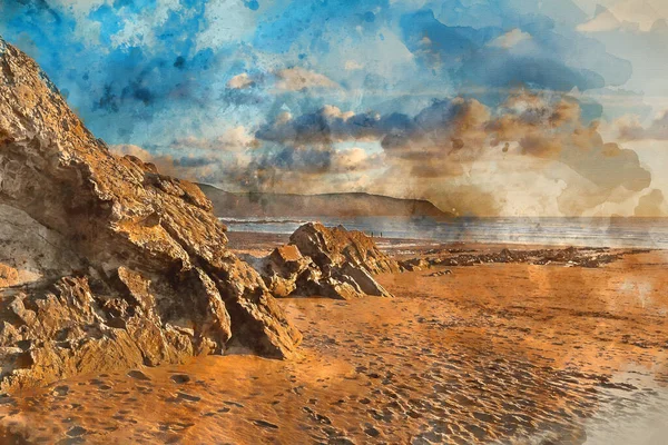 Digitale Aquarel Schilderij Van Mooie Zomer Zonsondergang Landschap Beeld Van — Stockfoto