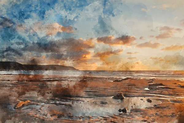 Digitální Akvarel Obraz Krásné Letní Krajiny Západu Slunce Widemouth Bay — Stock fotografie