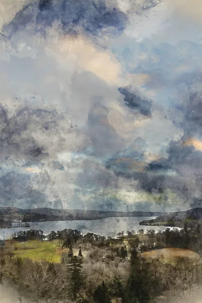 Digitale Aquarellmalerei Von Wunderschöner Weitwinkellandschaft Von Todd Crag Lake District — Stockfoto